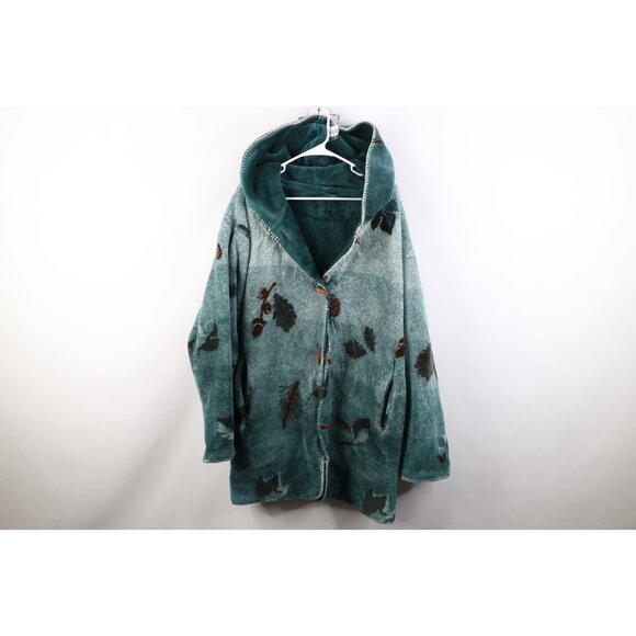 Vintage Jackets & Blazers - Vtg 90s Womens XL Distressed Reversible Leaf Acorn All Over Print Fleece Jacket